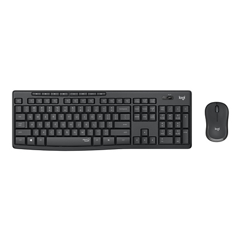 Eine drahtlose Tastatur und Maus-Kombination auf weißem Hintergrund. Die Tastatur ist dunkelgrau und hat eine vollständige Anordnung von Tasten mit einer separaten numerischen Tastatur. Die Maus ist flach, dunkelgrau und hat zwei Tasten und ein Scrollrad.