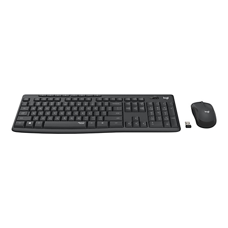 Draufsicht auf ein drahtloses Tastatur- und Mausset in Schwarz. Die Tastatur hat ein Standard-Layout mit Ziffernblock. Die Maus ist ergonomisch geformt und hat ein Logitech-Logo. Eine kleine USB-Dongle liegt daneben.
