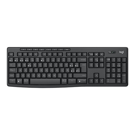 Draufsicht auf eine schwarze Computertastatur mit weißen Buchstaben und Zahlen, Logi-Logo rechts oben.