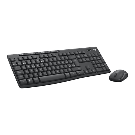 Schwarze Tastatur und Maus auf weißem Grund. Die Tastatur hat ein Layout mit Nummernblock.