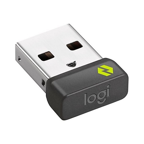 Ein USB-Empfänger, überwiegend grau und schwarz, mit einem grünen Logo und dem Wort 'logi'.