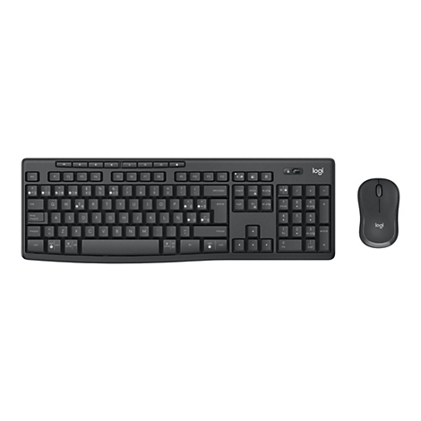 Draufsicht auf ein schwarzes Logitech-Tastatur-Maus-Set. Die Tastatur hat Tasten mit Buchstaben und Zahlen. Die Maus befindet sich rechts daneben.