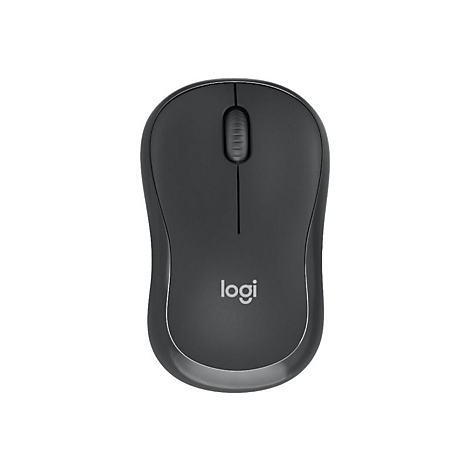 Drahtlose, dunkelgraue Logitech-Maus. Oben befindet sich ein Scrollrad, darunter steht „logi“.