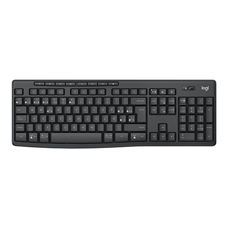 Draufsicht auf eine schwarze Logitech-Tastatur mit spanischem Layout.