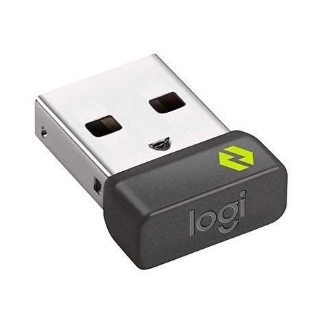Ein schwarzer USB-Empfänger mit Logi-Logo und gelbem Blitzsymbol. Der USB-Stecker ist silberfarben.