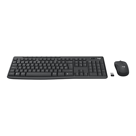 Drahtloses, schwarzes Tastatur-Maus-Set von Logitech, auf weißem Hintergrund.