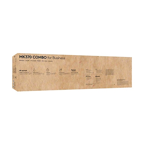 Die Produktverpackung des MK370 COMBO für Unternehmen, mit Logos, Schriftzügen und Icons. Darunter stehen Logos für Logi Bolt und Bluetooth.