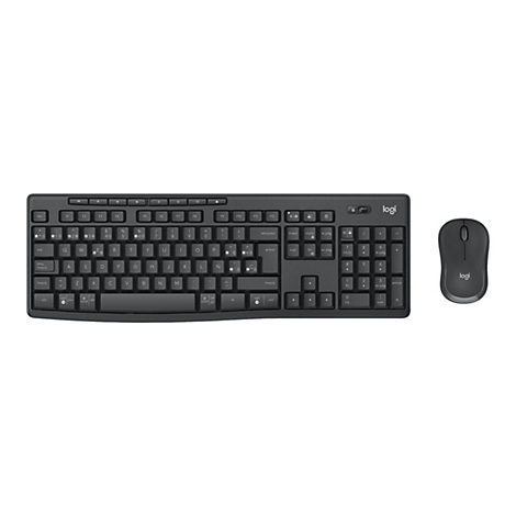 Drahtlose Tastatur und Maus, schwarz. Die Tastatur hat ein Layout mit Ziffernblock. Die Maus hat ein Logi-Logo.
