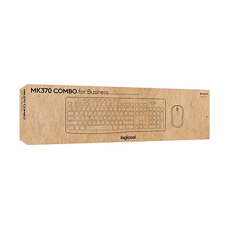Verpackung eines Logitech MK370 Combo for Business: Tastatur und Maus in Schwarz auf braunem Karton.