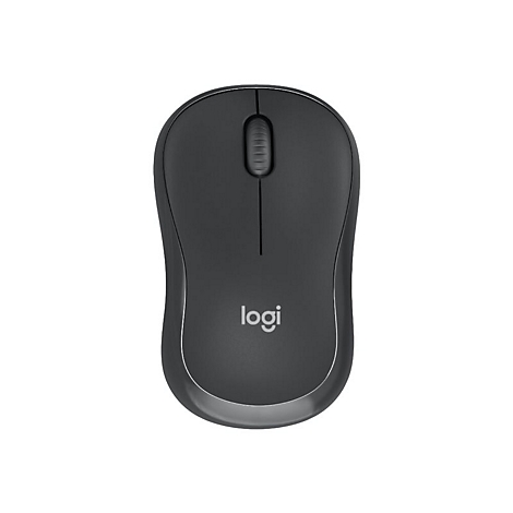 Souris sans fil, gris foncÃ©. Il y a une molette de dÃ©filement en haut, en dessous le logo Logitech.