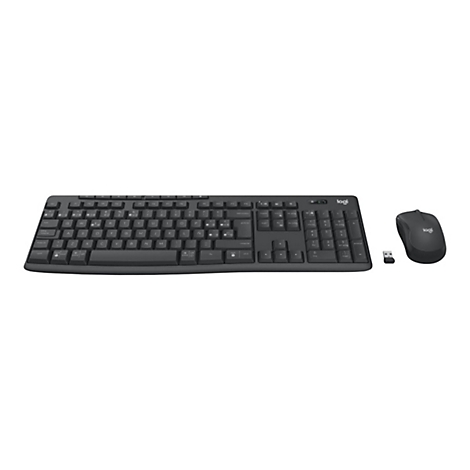 Ensemble clavier-souris sans fil noir. Le clavier est rectangulaire, la souris ovale. Les deux sont posÃ©s sur un fond blanc.