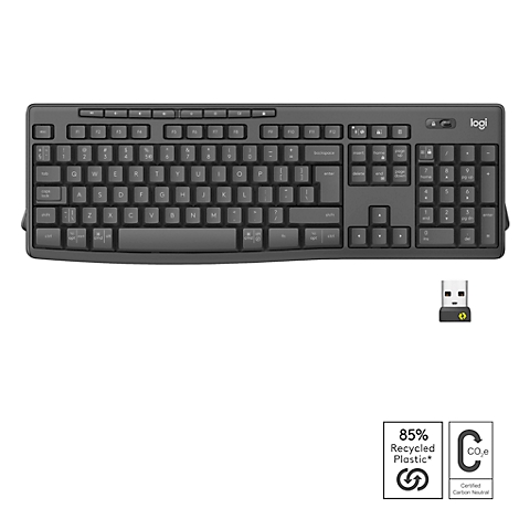 Dark gray keyboard with USB dongle. Logo, 85% recycled plastic and CO2 certification are shown.