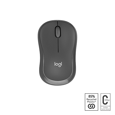 Gray Logitech mouse, white background. Bottom right, symbols: 85% recycled plastic, CO2 neutral.