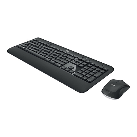 Schwarzes Logitech-Tastatur-Maus-Set. Die Tastatur hat flache Tasten und einen Nummernblock. Die Maus ist ergonomisch geformt.