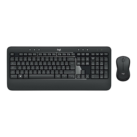 Schwarzes Tastatur-Maus-Set mit Logitech-Logo, Tasten und Nummern.