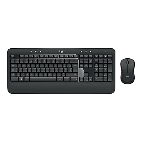 Schwarzes drahtloses Logitech-Tastatur-Maus-Set vor weiÃŸem Hintergrund.