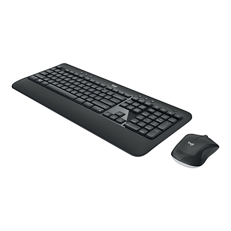 Schwarzes Logitech-Tastatur-Maus-Set auf weiÃŸem Hintergrund. Tastatur mit Handauflage, daneben Maus.