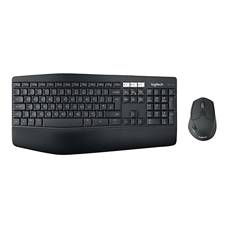 Schwarzes kabelloses Tastatur-Maus-Set von Logitech. Tastatur mit integrierter Handballenauflage, die Maus ergonomisch geformt.