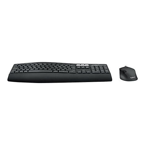 Schwarze Tastatur und Maus auf weiÃŸem Hintergrund. Die Tastatur hat eine ergonomische Form.