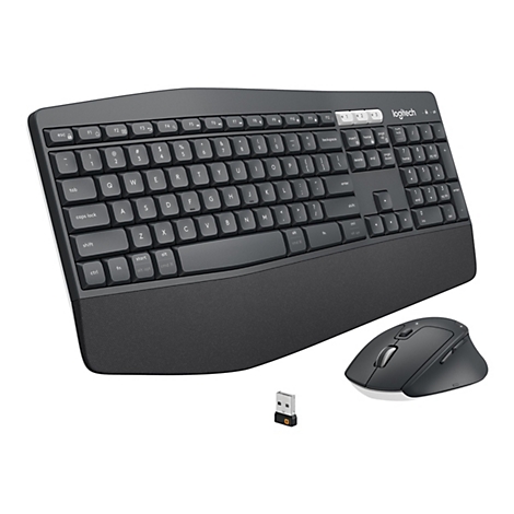 Ensemble clavier et souris Logitech sans fil de couleur grise. Le clavier a une forme ergonomique avec un repose-poignet. Le récepteur USB est à côté de la souris.