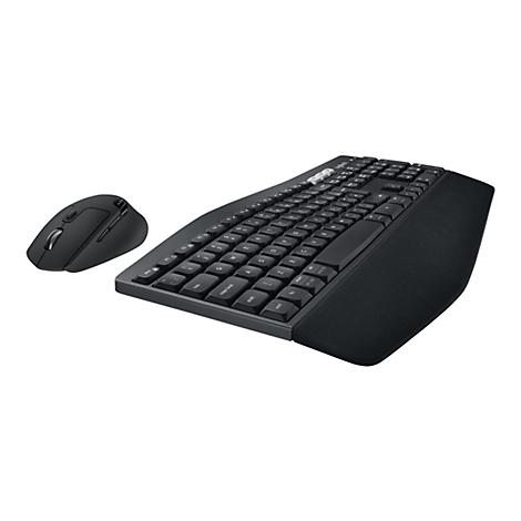 Vue de dessus d'un ensemble clavier et souris sans fil noir. Le clavier est doté d'un repose-poignet intégré. La souris est conçue de manière ergonomique.