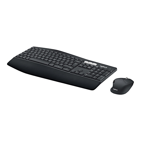 Ensemble clavier et souris sans fil Logitech noir. Le clavier est équipé d'un repose-poignets intégré.