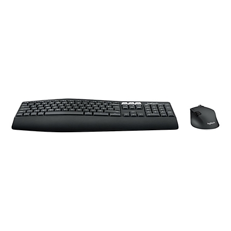 Schwarze Tastatur und Maus von Logitech, auf weiÃŸem Grund.