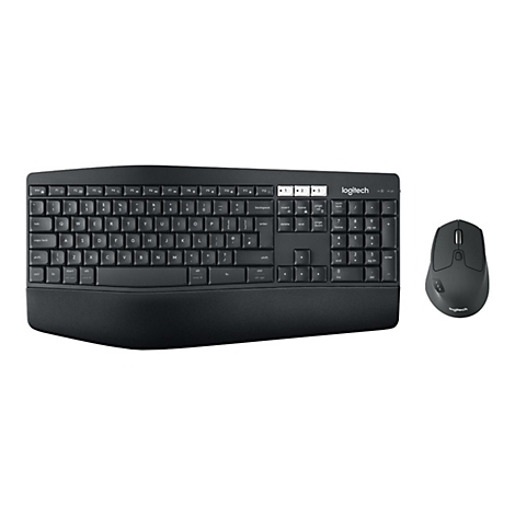 Schwarzes kabelloses Logitech-Tastatur-Maus-Set auf weiÃŸem Hintergrund.