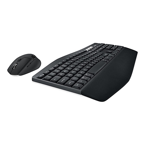 Schwarzes ergonomisches Tastatur-Maus-Set. Die Tastatur hat eine Handauflage und ist leicht gebogen. Die Maus ist klein und mit Tasten ausgestattet.