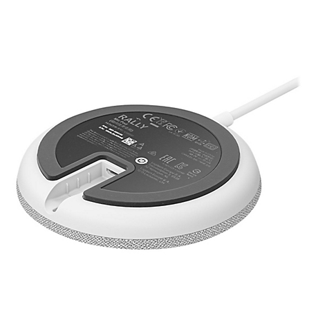 Gros plan sur un microphone blanc et rond. Couvercle noir, motif de grille grise. Inscription : RALLY Mic Pod.