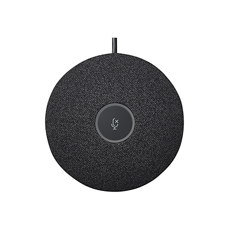 Haut-parleur de conférence rond et noir avec un symbole de microphone au centre.