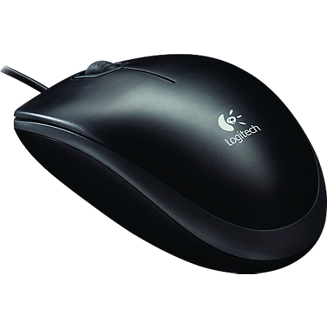 Black computer mouse with cable, scroll wheel, and Logitech logo.