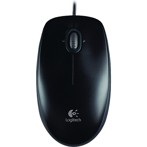 Black Logitech computer mouse. The device is oval and has a scroll wheel and a logo.