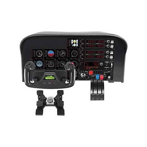 Schwarzes Flugzeugcockpit-Panel. Anzeigen, Knöpfe, Hebel, Lenkrad und Pedale sind zu sehen.