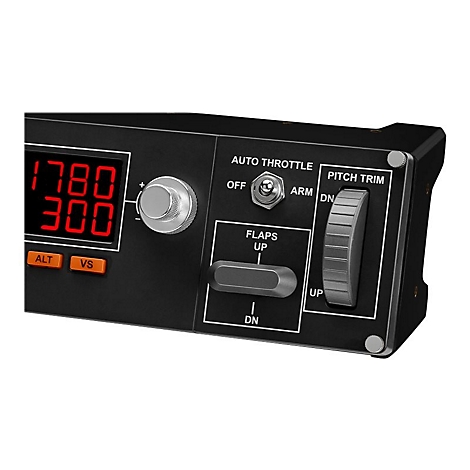 Gros plan sur un panneau de commande de cockpit d'avion noir. Il affiche des affichages numériques, des cadrans et des interrupteurs.