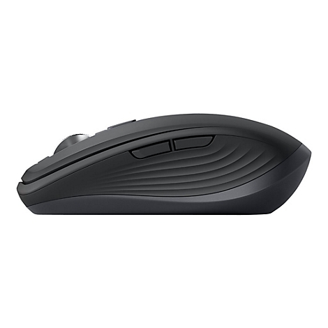 Draufsicht einer schwarzen, ergonomischen Computermaus. Die Maus hat gerundete Kanten und eine wellenfÃ¶rmige OberflÃ¤che.
