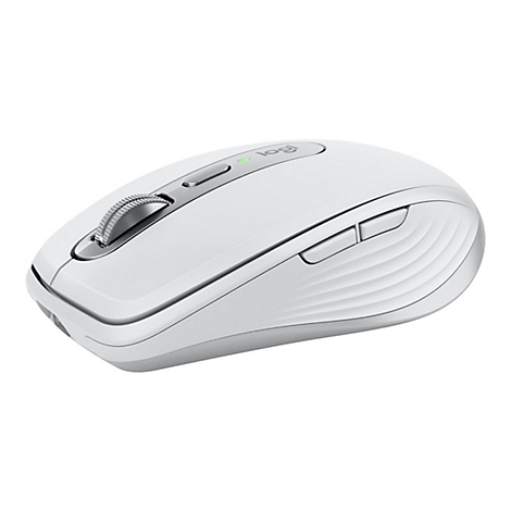 Weiße, ergonomische Computermaus, silberfarbene Akzente, Rollrad, Logo.