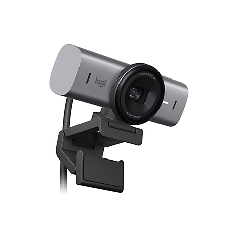 Silberne Logitech Webcam, Nahaufnahme, Ultra-Wide 4K Linse, Halterung.