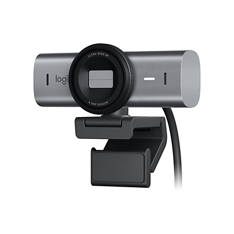 Graue Webcam mit schwarzem Objektiv, Halterung und Kabel. Auf dem Objektiv steht 'ULTRA-WIDE 4K' und '8.5MP SENSOR'.