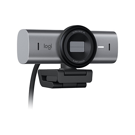 Silberne Webcam mit schwarzem Linsenring und Kabel. Aufschrift: Ultra-Wide 4K, 8.5MP Sensor. Logo: logi.