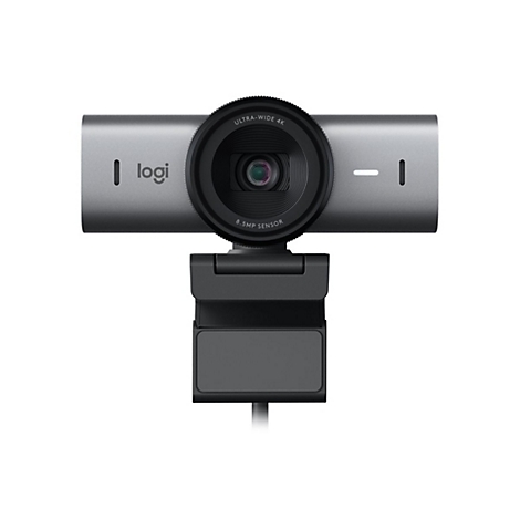 Webcam grise avec objectif noir et logo Logitech. La caméra est placée sur fond blanc.