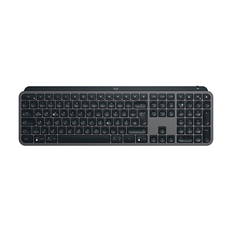 Draufsicht auf eine graue Logitech Tastatur, mit schwarzen Tasten und weißen Beschriftungen. Das Logitech-Logo ist oben mittig angebracht.