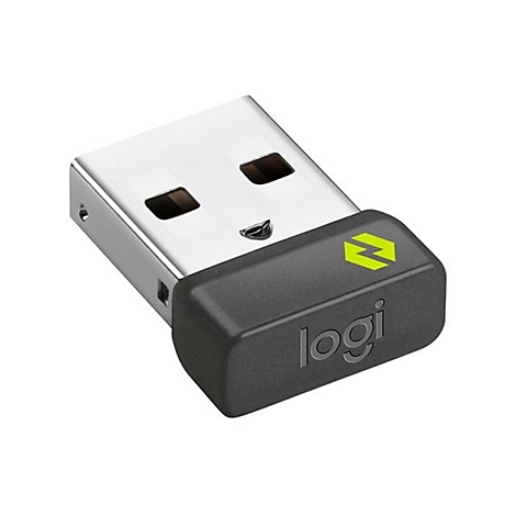 Ein grauer USB-Empfänger von Logitech. Der Stecker ist silberfarben, der Rest ist grau mit grünem Z-Logo und Logi-Schriftzug.