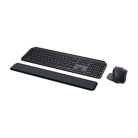 Schwarzes Tastatur-Maus-Set mit Handgelenkstütze. Auf weißem Hintergrund.