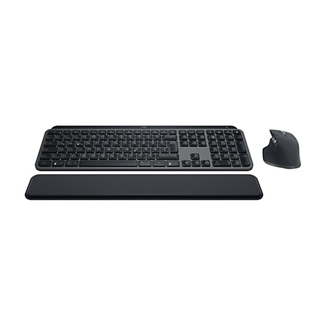 Drahtloses Keyboard und Maus-Set in Schwarz mit Handauflage, vor weißem Hintergrund.