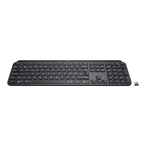 Schwarze Tastatur mit kabellosem Empfänger auf weißem Hintergrund. Alle Tasten beschriftet, Logo oben rechts.