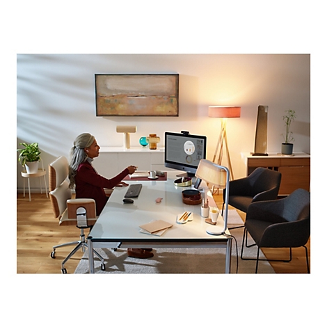 Eine Frau sitzt an einem Schreibtisch und telefoniert. Auf dem Monitor sind Diagramme zu sehen. Es gibt eine Schreibtischlampe, eine Stehlampe und ein Kunstwerk an der Wand.