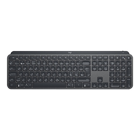 Draufsicht auf eine dunkle Logitech-Tastatur mit Buchstaben und Symbolen auf den Tasten.