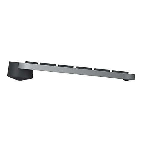 Seitenansicht einer grauen Tastatur mit schwarzen Tasten und einem schwarzen Standfuß.