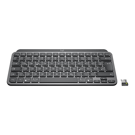Drahtlose, dunkelgraue Logitech-Tastatur mit passendem USB-Empfänger. Buchstaben, Zahlen und Funktionstasten sind deutlich beschriftet.